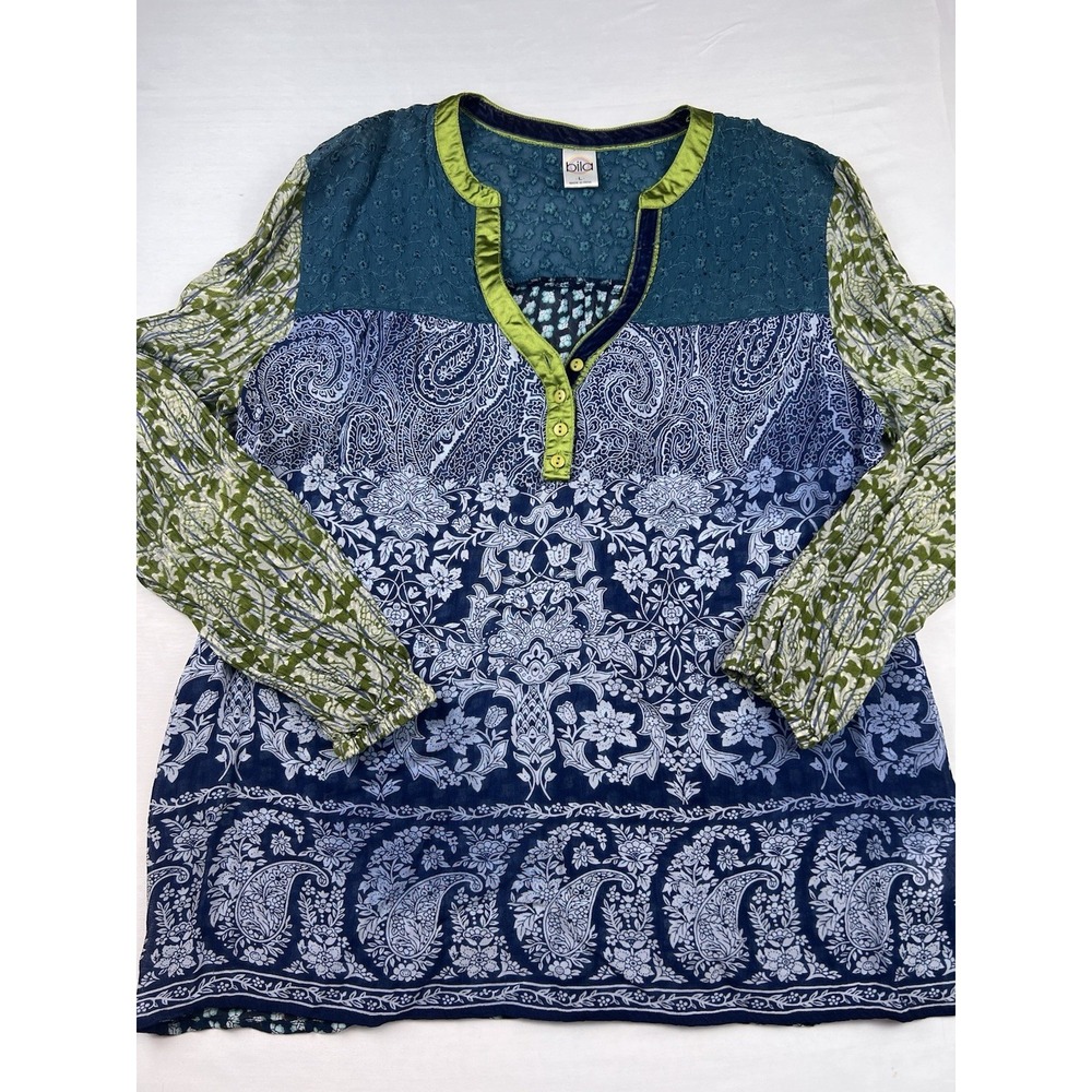Bila Boho Whimsigoth Fairy Festival Sheer‎ Patchwork Paisley Top Velvet Trim Lg
